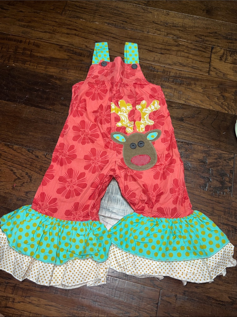Coral Floral Ruffle Overalls with Teal Polka-Dot Trim